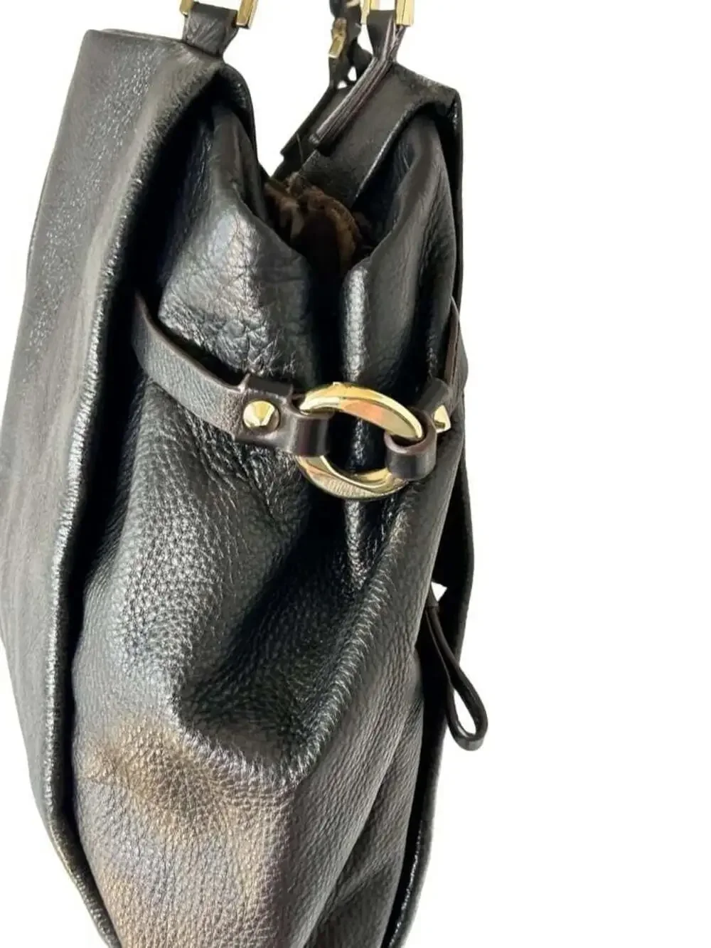 Vince Camuto Black Pebbled Leather Hobo Shoulder Bag with Gold-Tone Chain Link D